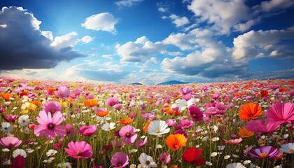 Fototapeta premium The image shows a field of flowers with a variety of colors, including pink, white, yellow, and purple
