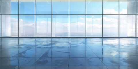 a sleek, minimalist office background with large windows and natural light