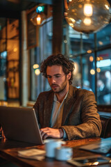 Fototapeta premium a young Caucasian businessman working on his laptop in a stylish urban cafe
