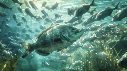 Fototapeta premium Stunning underwater view of a sea bream amidst a school of fish, highlighting its sleek form and the dynamic ocean habitat.