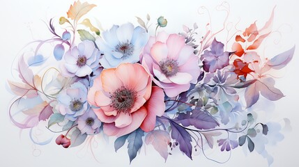 Watercolor painting of a bouquet of flowers. Pink, blue and purple flowers with green leaves.