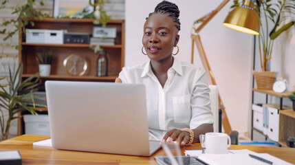 an African businesswoman hosting a webinar from a professional home office setup