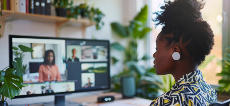 an African businesswoman hosting a webinar from a professional home office setup