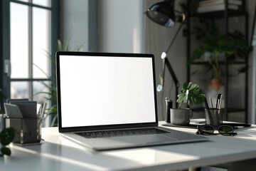Fototapeta premium Laptop computer with white blank screen on on kitchen counter.