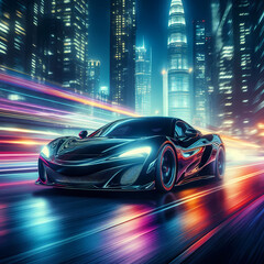 Fototapeta premium Futuristic Fast Nights: Black Sports Car Blazing Through Urban City Lights