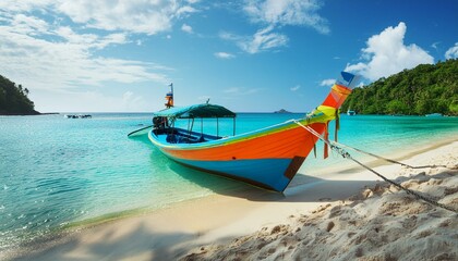 Naklejka premium Colorful wooden fishing boat on the beach on the coastal island.