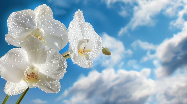 An elegant white orchid with delicate dewdrops on its petals, positioned against a serene blue sky background with fluffy white clouds, conveying purity and tranquility.