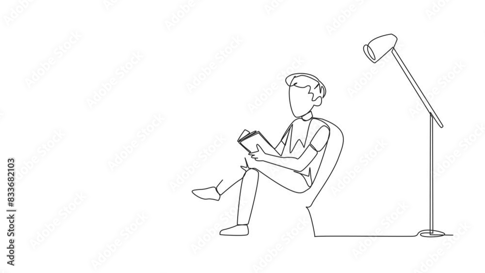 Poster self drawing animation of one line drawing smart man sitting reading in a room with a reading lamp. 