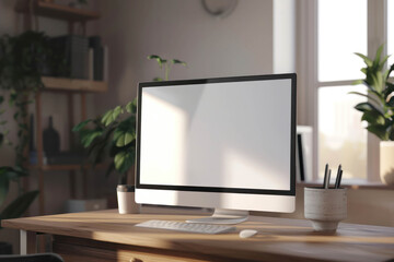 Fototapeta premium Blank computer desktop, houseplants and office supplies on desk. Comfortable workspace.
