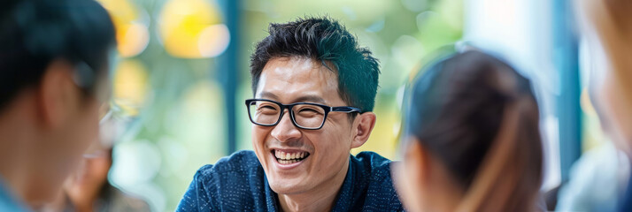 an Asian entrepreneur leading a strategy session with colleagues in a brightly lit conference room