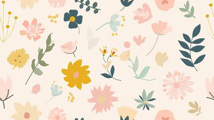 Flower wallpaper flat design top view minimalist theme cartoon drawing colored pastel. Seamless Pattern, Fabric Pattern.