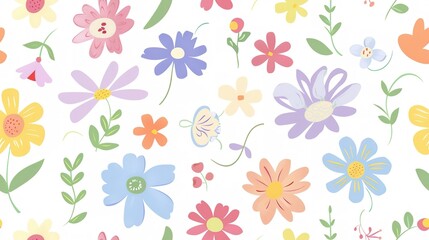 Obraz premium Flower wallpaper flat design top view macro theme cartoon drawing colored pastel. Seamless Pattern, Fabric Pattern.