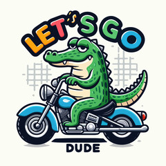 cool crocodile vector with relaxed face riding a motorbike t-shirt art design