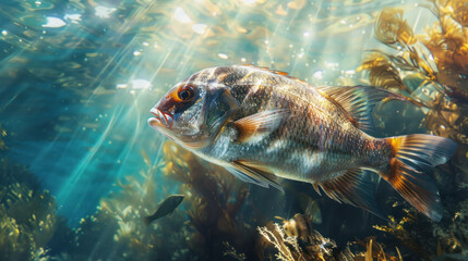 Underwater portrait of a sea bream, with sunlight filtering through the water, illuminating its shimmering scales and creating a peaceful scene.