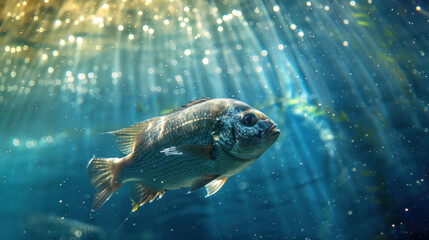 Obraz premium Underwater portrait of a sea bream, with sunlight filtering through the water, illuminating its shimmering scales and creating a peaceful scene.