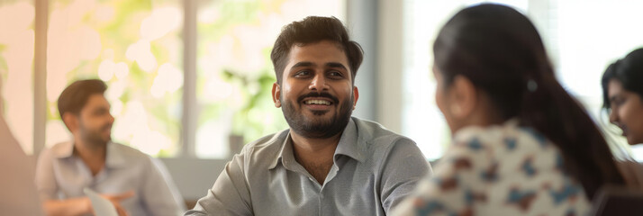 an Indian entrepreneur leading a strategy session with colleagues in a bright conference room
