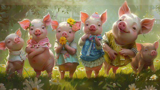Unleashing their creativity, a cluster of piglet pigs sport an array of unconventional and colorful ensembles, bringing a sense of whimsy and playfulness to a unique birthday party invitation banner.