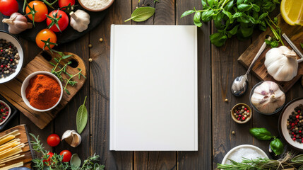 A blank cookbook surrounded by fresh ingredients like tomatoes, garlic, and herbs on a wooden table, ready for recipes.
