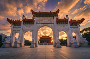 Obraz premium Ancient Chinese architecture, ancient gates, ancient plaques, magnificent photos at sunset