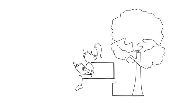 Animated self drawing of single continuous line drawing girl sitting on school park bench reading book. Learn by re-reading textbook. Read to get maximum marks. Full length single line animation