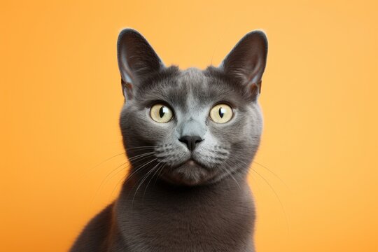 Portrait of a happy russian blue cat isolated in pastel orange background