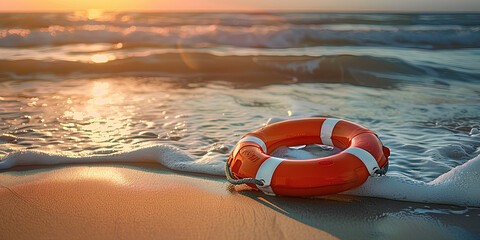 A lifebuoy on the sand near the water
 - Powered by Adobe
