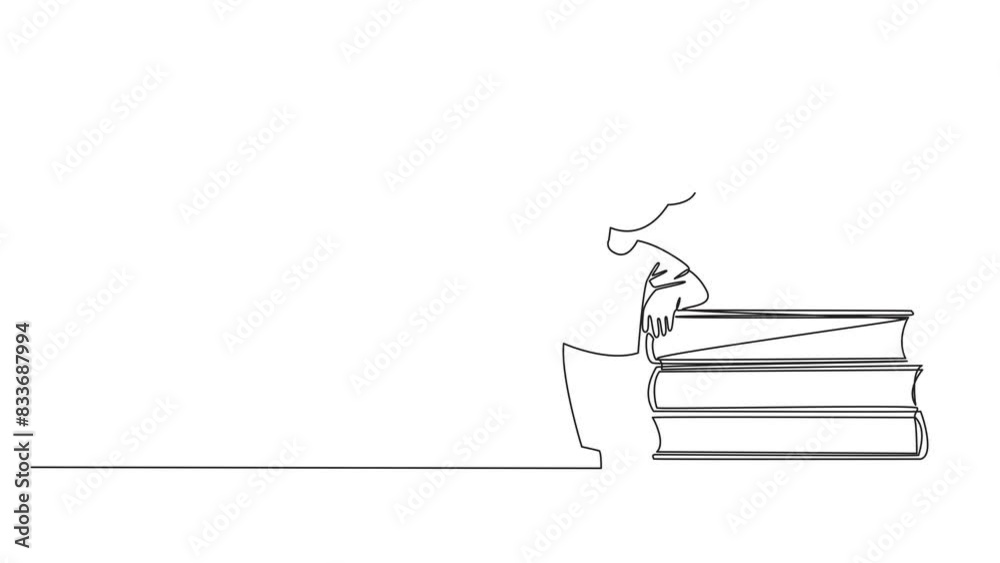 Poster self drawing animation of continuous line drawing boy standing reading a book while leaning against 