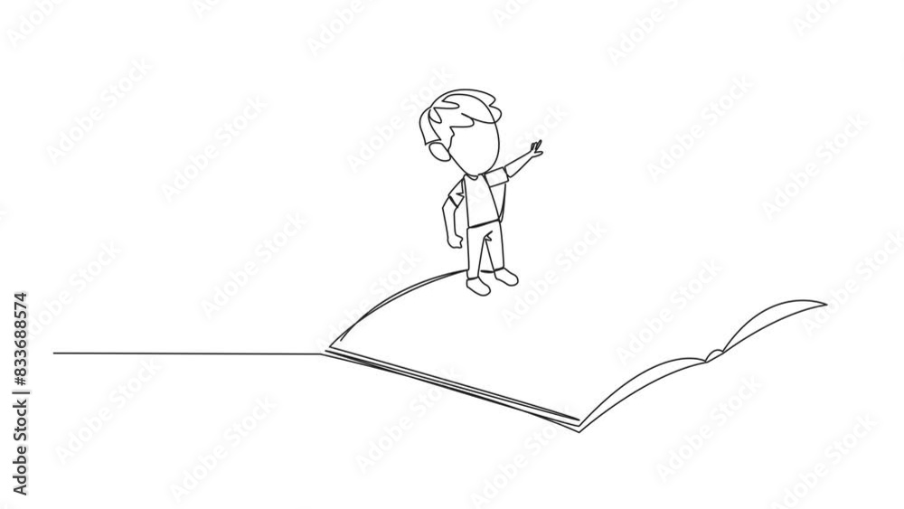Poster animated self drawing of single line drawing boy standing over open ledger turning the pages. read s