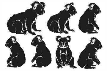 Black silhouettes of koala in different poses on a white background. Koala Bear. collection of koala bear silhouette. koala bear silhouette. 