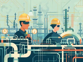 Illustration of Investing in training and education programs to upskill workers for new technologies and processes in industrial plants. Ai Generate.