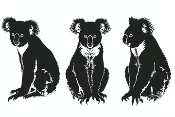 Fototapeta premium Black silhouettes of koala in different poses on a white background. Koala Bear. collection of koala bear silhouette. koala bear silhouette. 