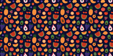 Seamless pattern of tropical fruits and berries. Summer print with hand drawn watermelon, papaya, pineapple, banana, lemon, orange, peach, strawberry, lemon, cherry, pear, avocado.