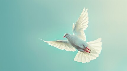Fototapeta premium A white pigeon with open wings in flight against a smooth blue background.