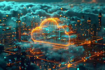 Fototapeta premium A cityscape with a large cloud symbol in the middle by AI generated image