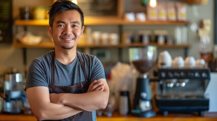 Obraz premium Portrait of Startup business owner. SME entrepreneurs are proud of their coffee shop business