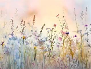 A field of flowers with a bright blue sky in the background. The flowers are of various colors and sizes, and they are scattered throughout the field