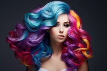 Fototapeta premium Studio portrait of a woman with flowing multicolored hair against a dark background