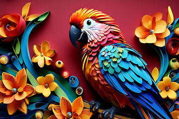 Fototapeta premium Vibrant quilling parrot with perfect composition. Stunning colors in intricate paper art