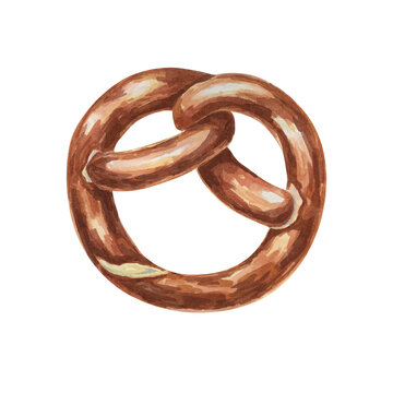 recommend clip art: Pretzel watercolor illustration. Brown soft traditional German breakfast snack, Oktoberfest symbol clipart. Typical baked appetizer for menu, flyers, sticker, advertisement, artisan bakery
