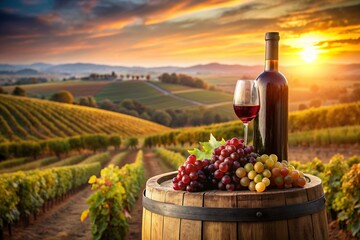 A bottle of red wine and a bunch of ripe grapes on a wooden oak barrel against the background of a...