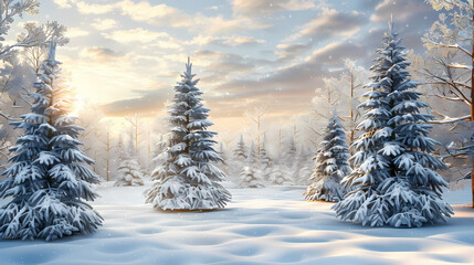 Fototapeta premium Winter landscape with white pine trees on snow vector image