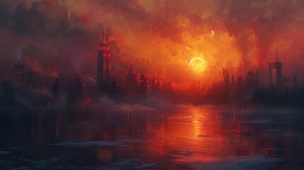 Fiery skyline over water with dramatic clouds at sunset.