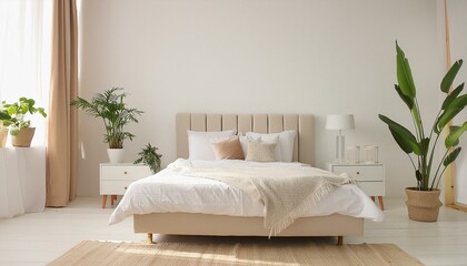 Interior of modern bedroom. Elegant Minimalist bedroom. Beautiful and large bedroom interior. Interior of a bright bedroom.