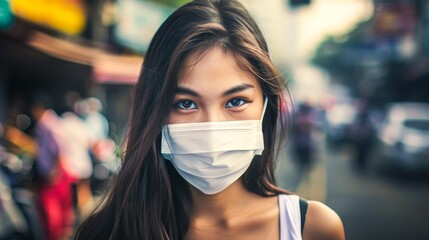 A beautiful young woman wearing a face mask to protect herself from any plague or aspect of the urban environment
