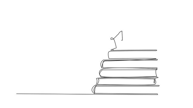 Animated self drawing of single line drawing robot help partner climb pile of books. Concept of helping each other to success together. Knowledge source book. Full length single line animation