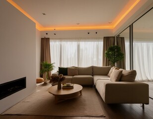 Fototapeta premium Interior of modern living room. Elegant Minimalist Living Room. Beautiful and large living room interior. Interior of a bright living room.