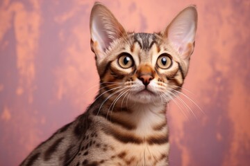 Obraz premium Portrait of a cute bengal cat isolated in pastel brown background
