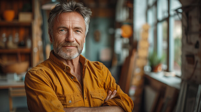 Middle age small busines owner in his workshop room as a carpenter
