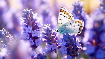 Amazing beautiful colorful natural scenery. Lavender flowers and butterfly in rays of summer sunlight in spring outdoors on nature macro, soft focus. Atmospheric photo, gentle artistic image.