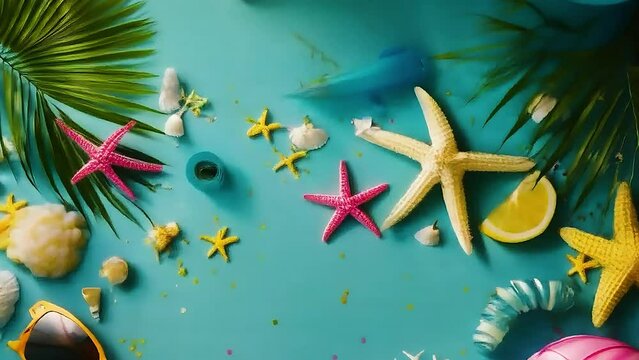 A collection of  starfish ,  shells , and  palm leaves  on a blue background